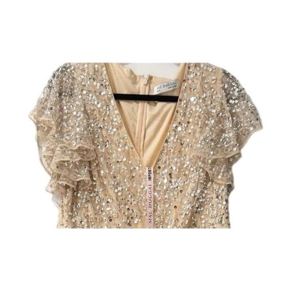 Mac Duggal Nude Silver Sequin Midi Gown Cap Sleeve Ruffle Dress Size 12 NWOT - Picture 10 of 11